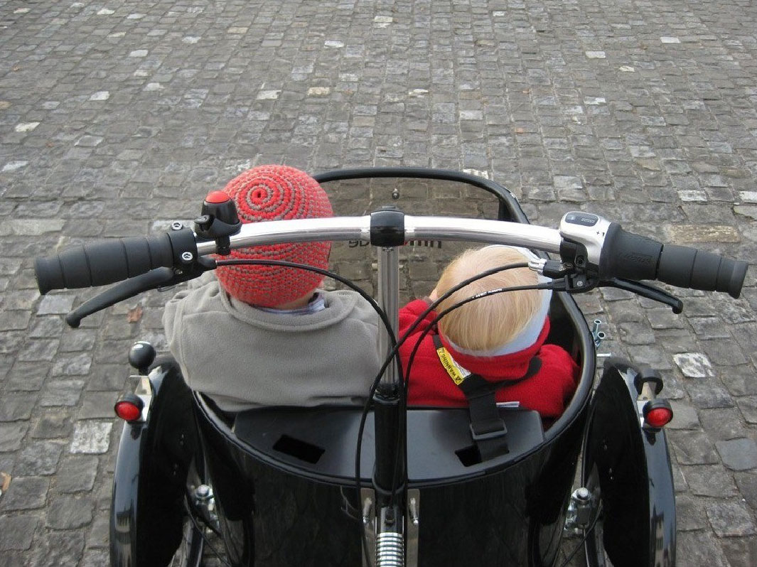 two little kids sitting in cargo bike