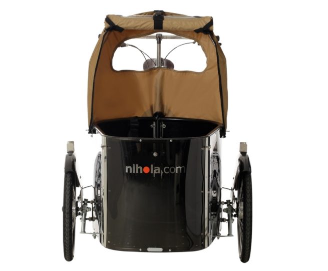 nihola cargo bike with rain hood open