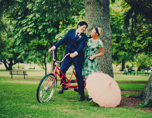 couple on tandem bicycle